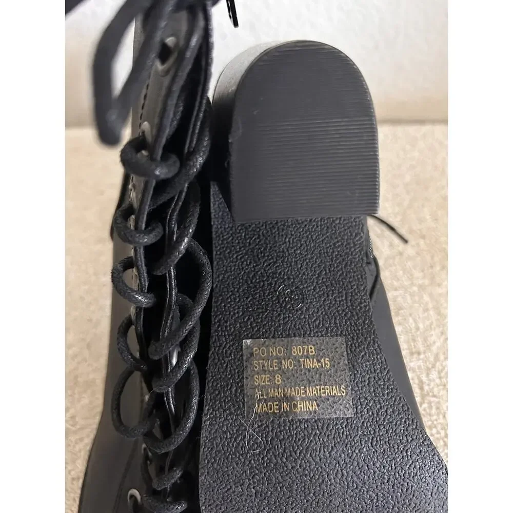 Breckelles Tina-15 SZ 8 Black Lace Up Boot Open Toe Block Heel Zip Faux Leather